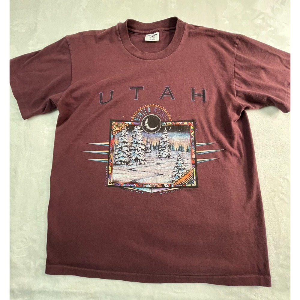 VTG UTAH Shirt‎ Mens L Winter Night Single Stitch SanSegal Purple/Brown FLAW